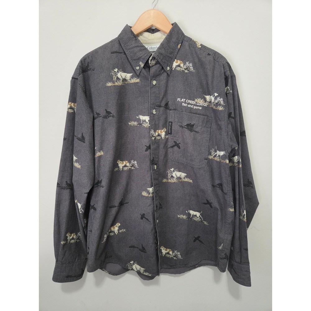 Columbia Mens Hunting Dog Pheasant Print Shirt M Gray Houndstooth AM7988